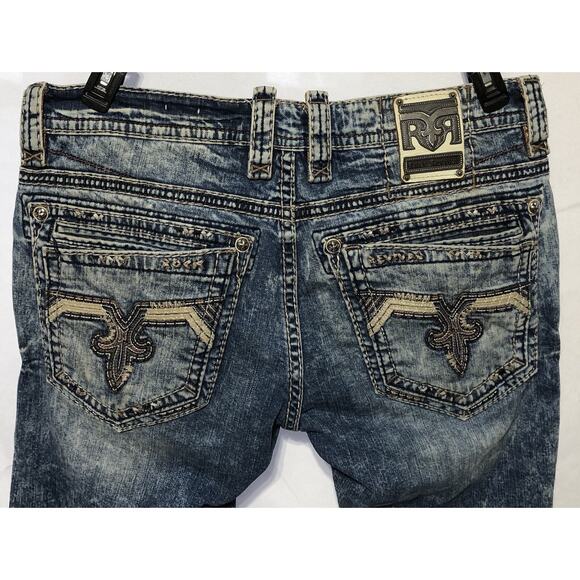 Rock & Revival Wales Straight Mens Blue Jeans Distressed Denim Embroidered 38x31 - Picture 9 of 13